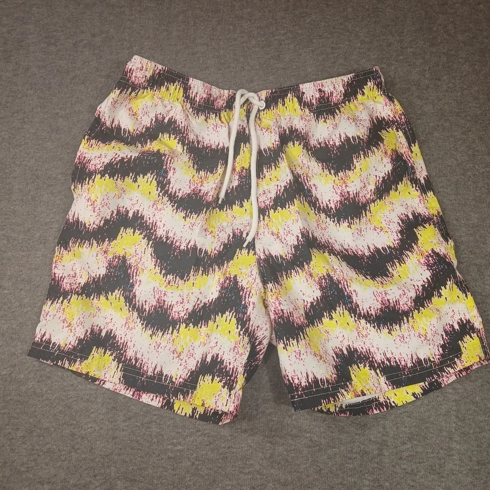 City Streets Men's Drawstring Swim Trunk Shorts Size Medium Colorful Wavy Stripe